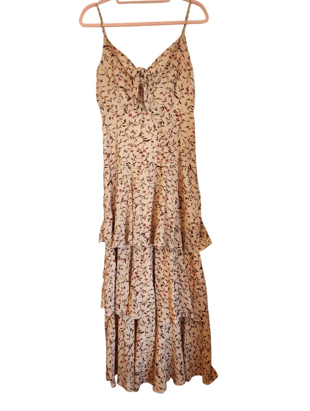 Aakaa Floral Tie Front Tiered Ruffle Maxi Dress Peachy/Pink Size M Lined Boho